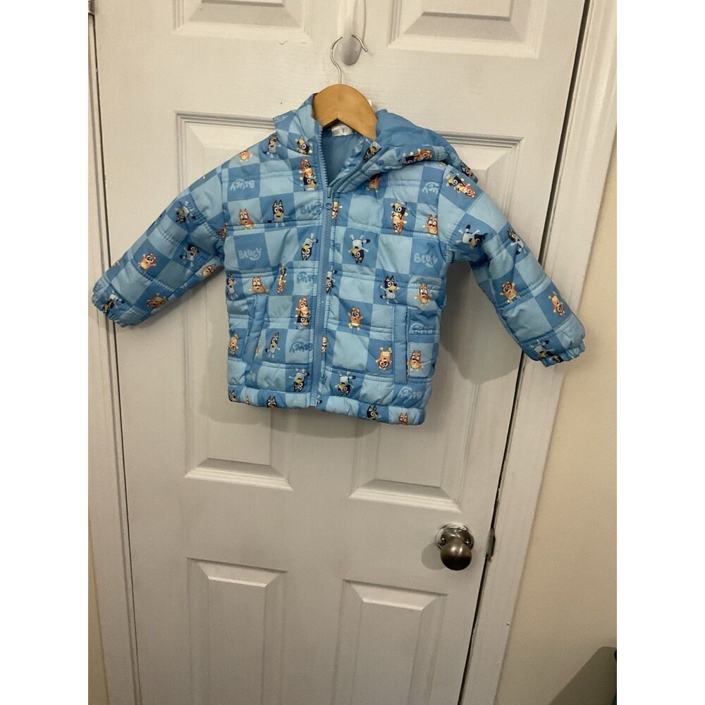 Kids Bluey Hooded Quilted Insulated Puffer Jacket Zip Up Blue 2T 100% Polyester